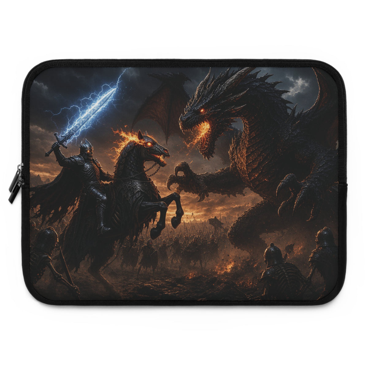 Rearing Hellhound Rider Laptop Sleeve, Lightning Sword vs Ancient Dragon Computer Case, Dark Fantasy RPG Boss Fight Tech Cover