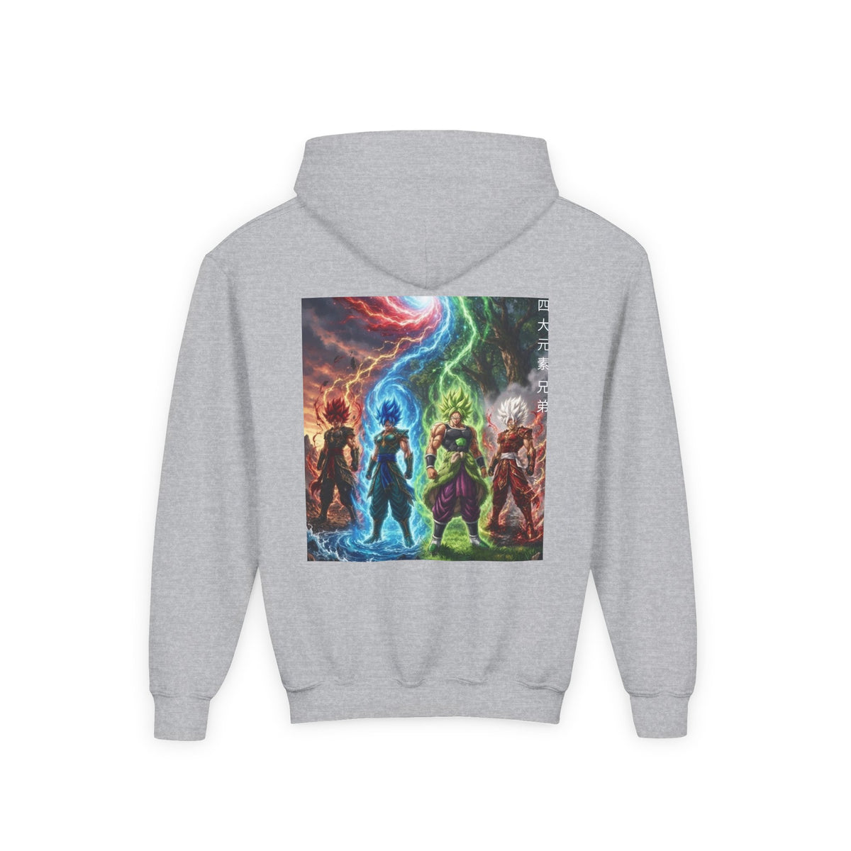 Multi Color Variant Hoodie, Four Elemental Brothers Kids Pullover, Front Kanji Back Print Anime Graphic Youth Sweatshirt