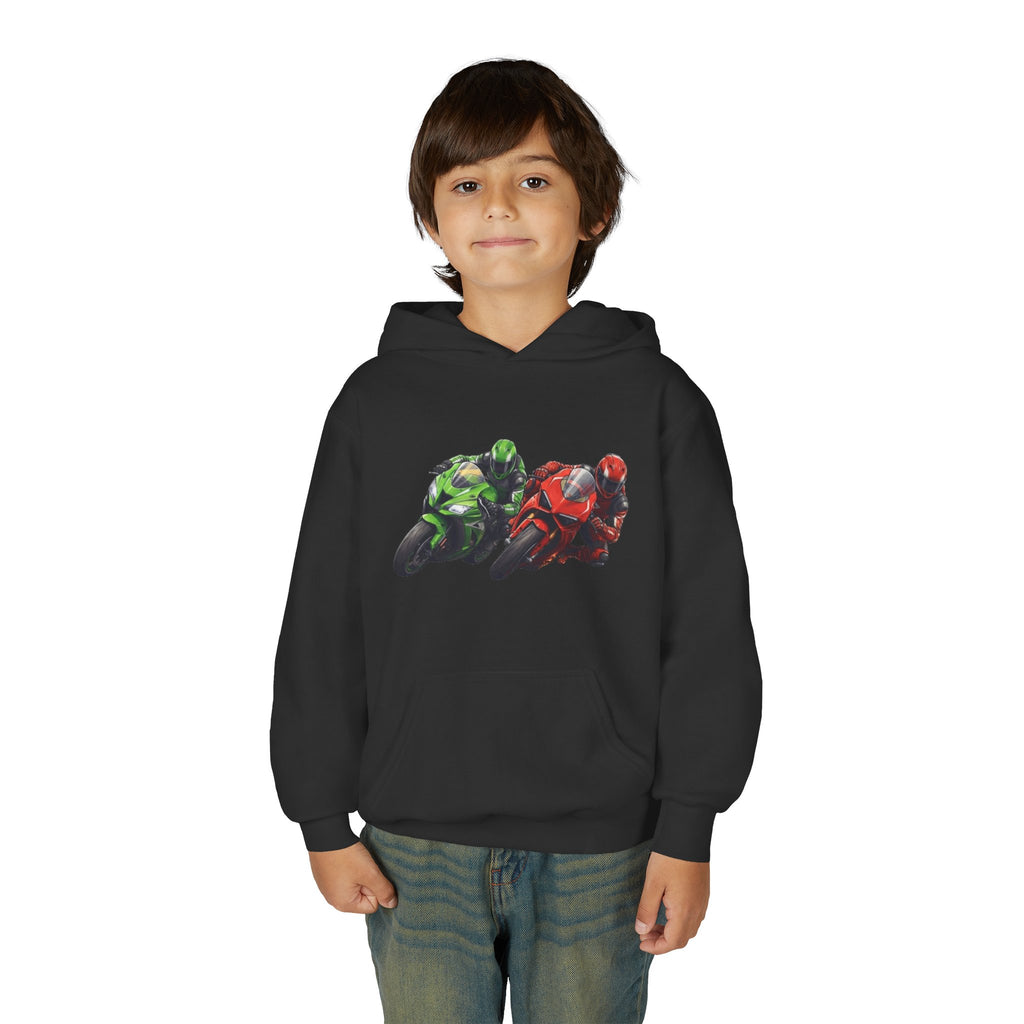 Apex Duel Hoodie, Twin Sportbike Kids Sweatshirt, Youth Track Racing Graphic Pullover