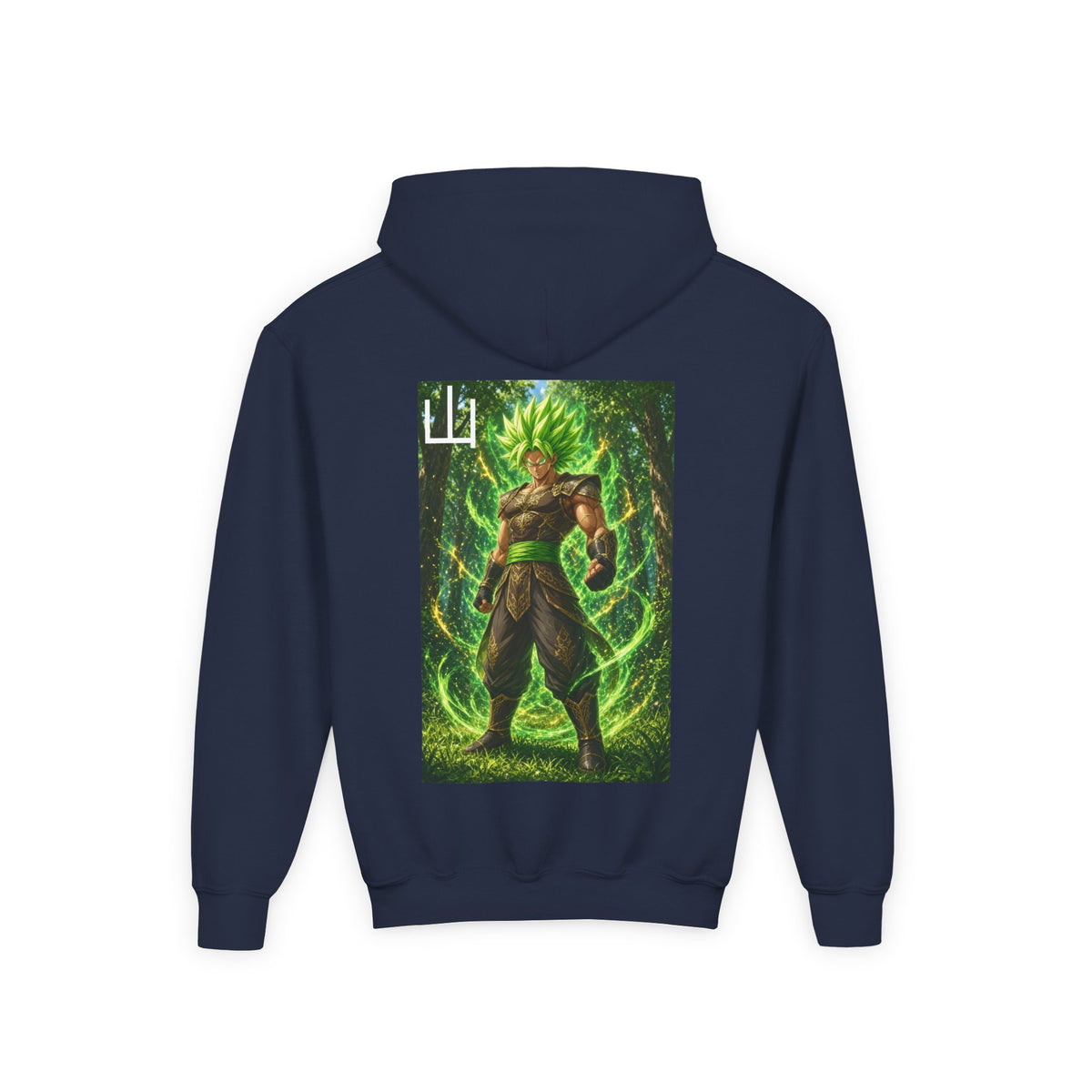 Deep Forest Warrior Hoodie, Mountain Kanji Anime Kids Pullover, Front Minimal Chest Text Back Print Elemental Graphic Youth Sweatshirt