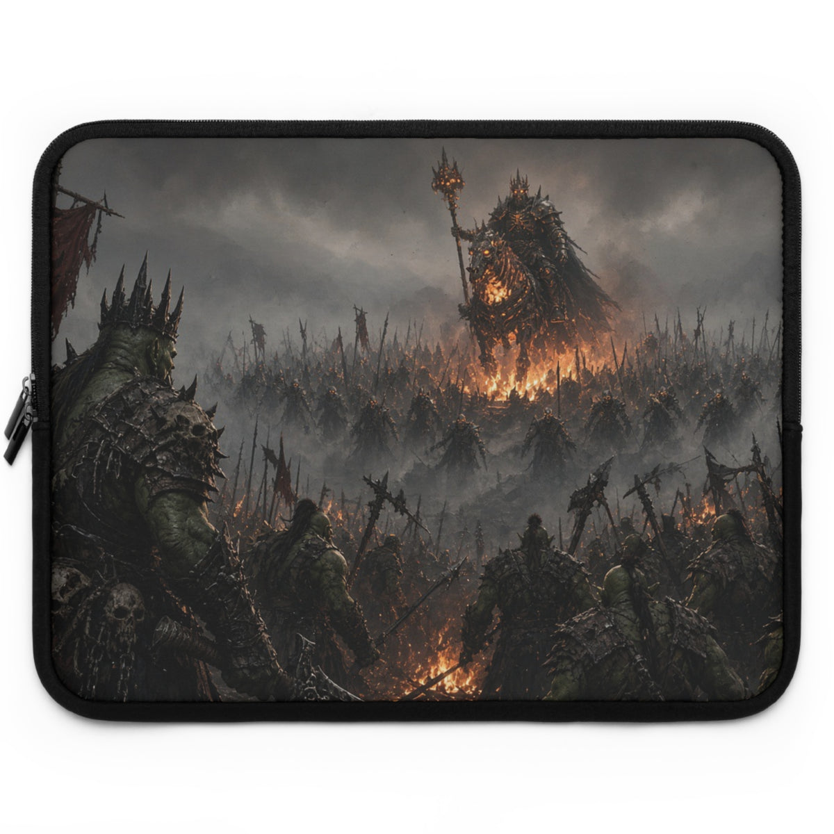 Spiked Crown Warlord Laptop Sleeve, Flaming Banner Orc Army Computer Case, Dark Fantasy Tabletop RPG Tactical Notebook Cover