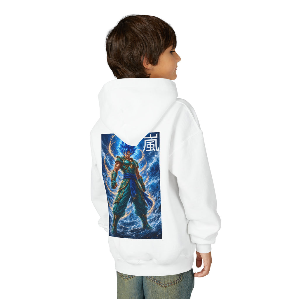Electric Lightning Warrior Hoodie, Storm Kanji Anime Kids Pullover, Front Minimal Chest Text Back Print Elemental Graphic Youth Sweatshirt