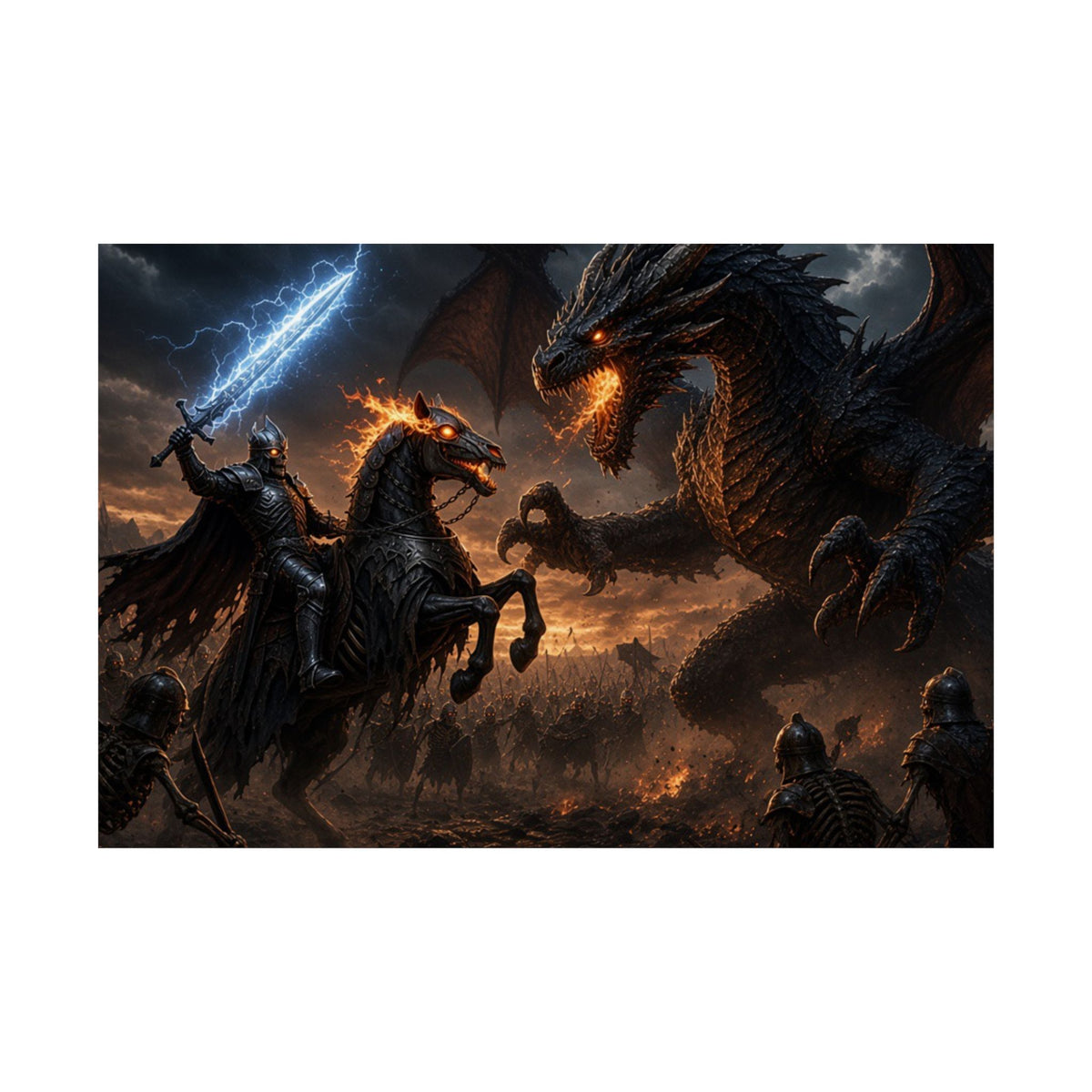 Horned Leviathan Standoff Poster, Horizontal Matte Dark Fantasy Wall Print, Lightning Sword vs Ancient Dragon Art for Game Room