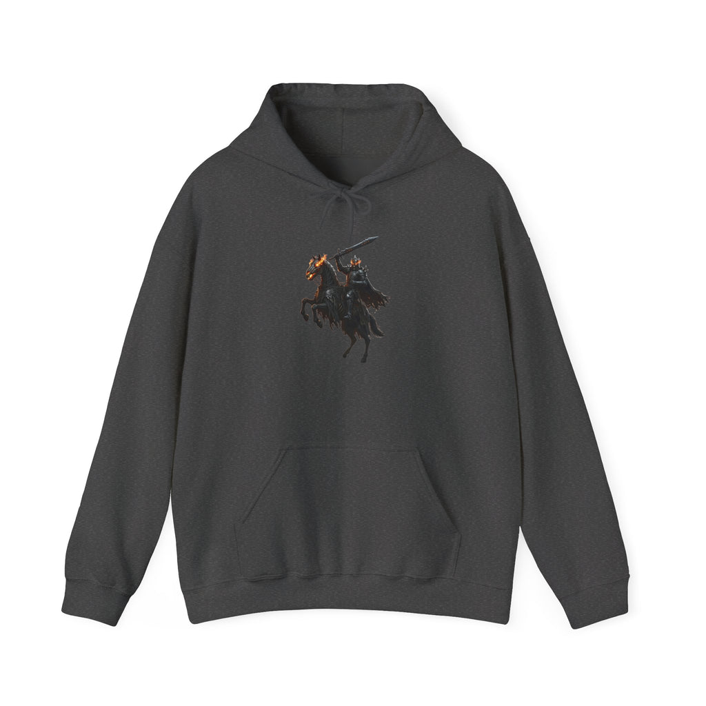 Minimalist Silhouette Front Hoodie, Full Color Back Battle Scene Sweatshirt, Double Sided Gothic Heavyweight Pullover Apparel