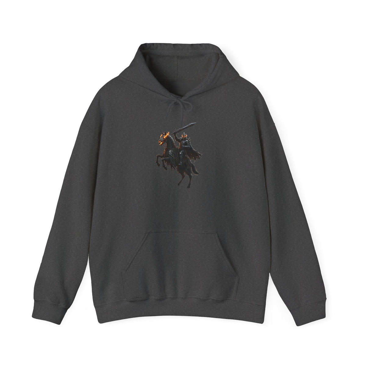 Minimalist Silhouette Front Hoodie, Full Color Back Battle Scene Sweatshirt, Double Sided Gothic Heavyweight Pullover Apparel
