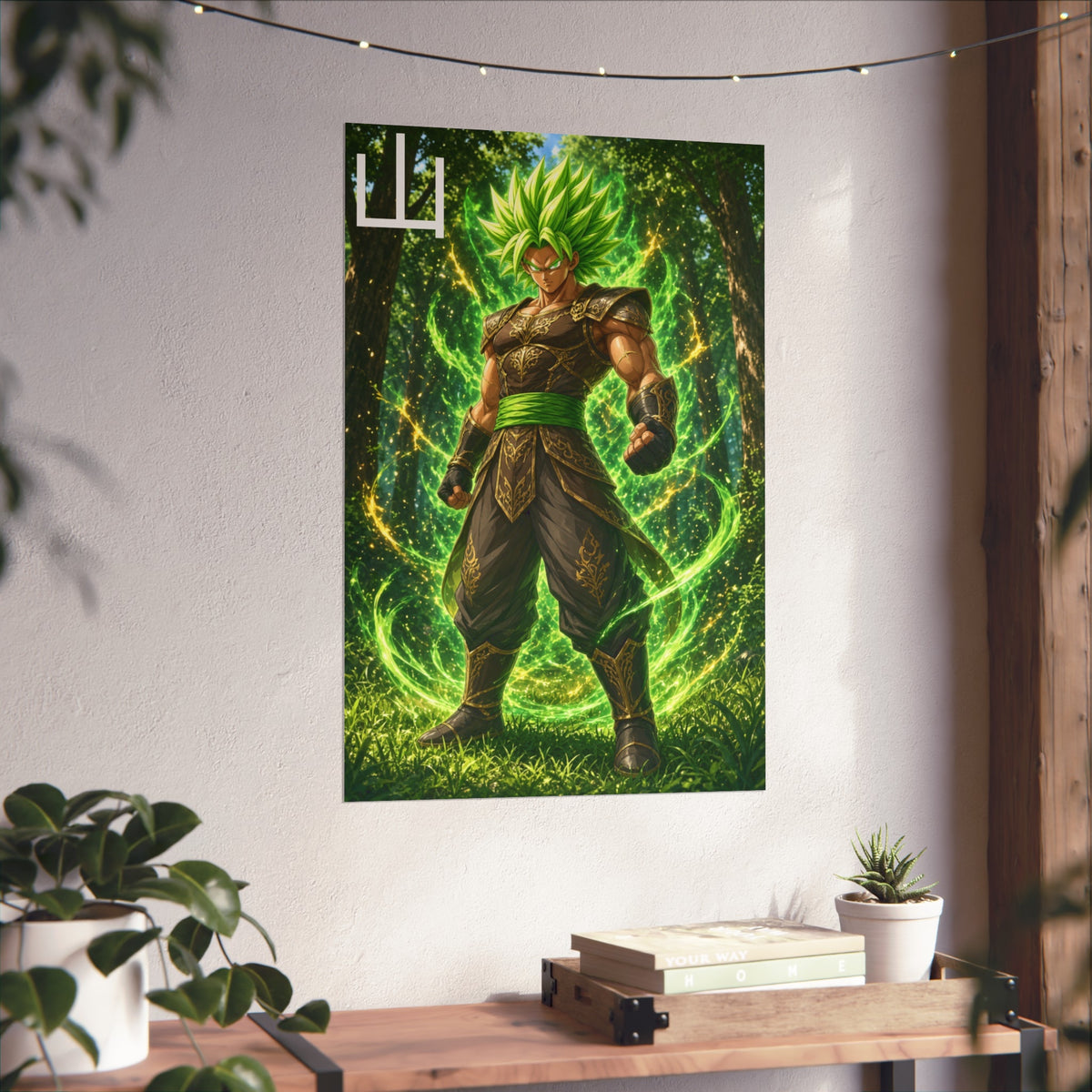 Mountain Kanji Poster, Emerald Green Aura Anime Art Print, Vertical Elemental Forest Fighter Giclee Wall Decor