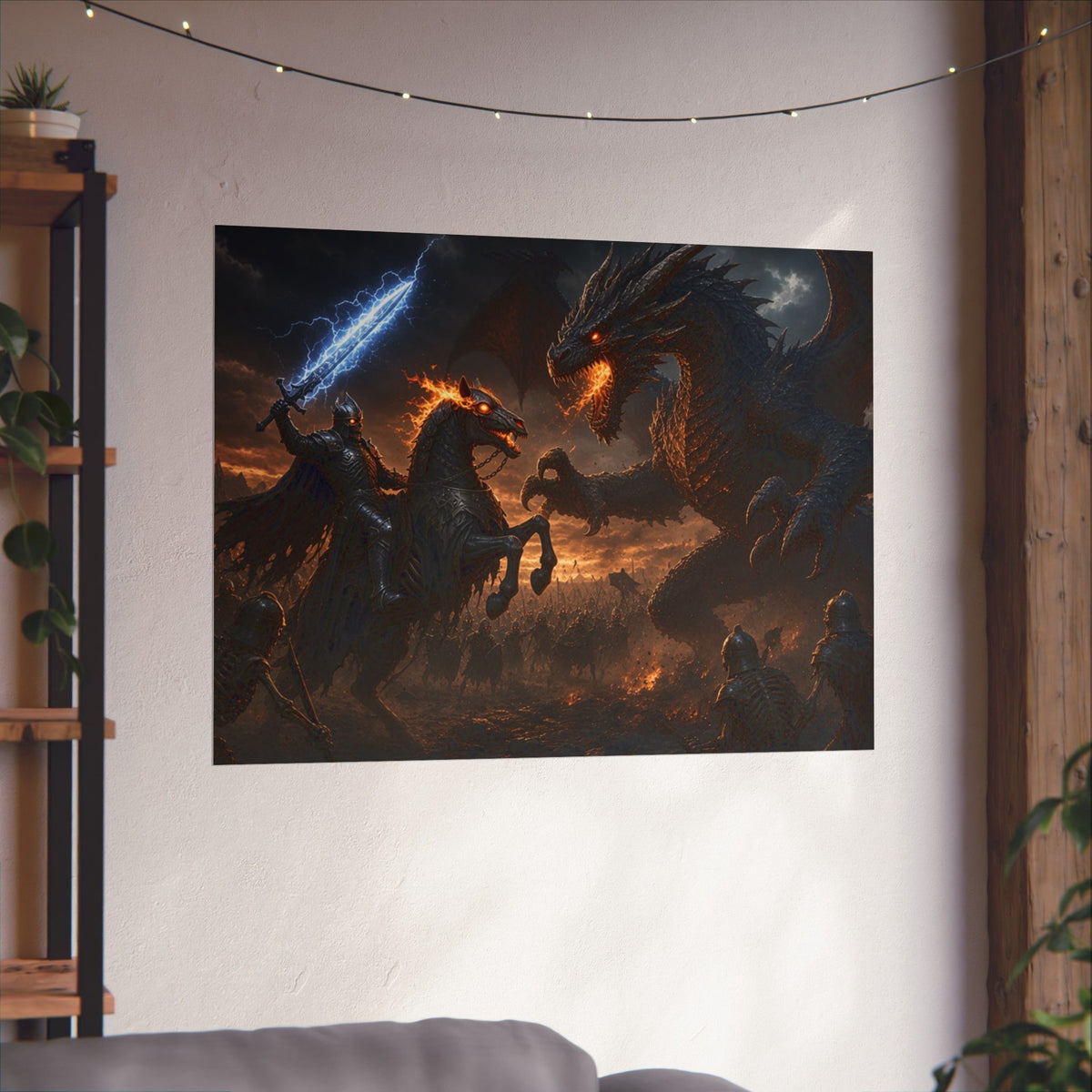 Horned Leviathan Standoff Poster, Horizontal Matte Dark Fantasy Wall Print, Lightning Sword vs Ancient Dragon Art for Game Room