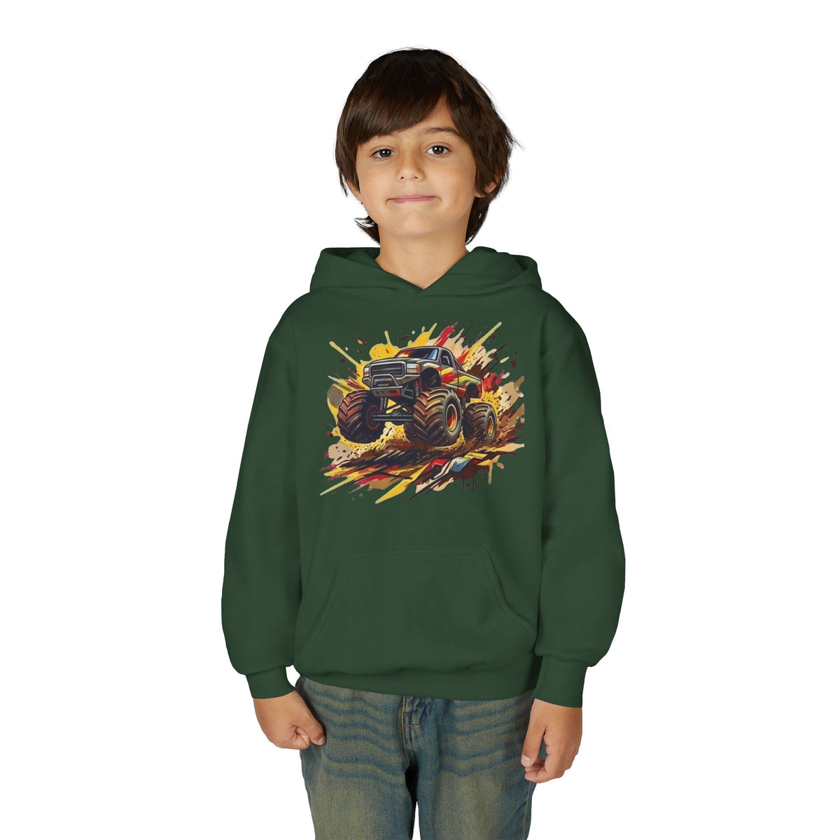 Monster Truck Illustration Youth Hoodie | Racing Mud Splash Graphic