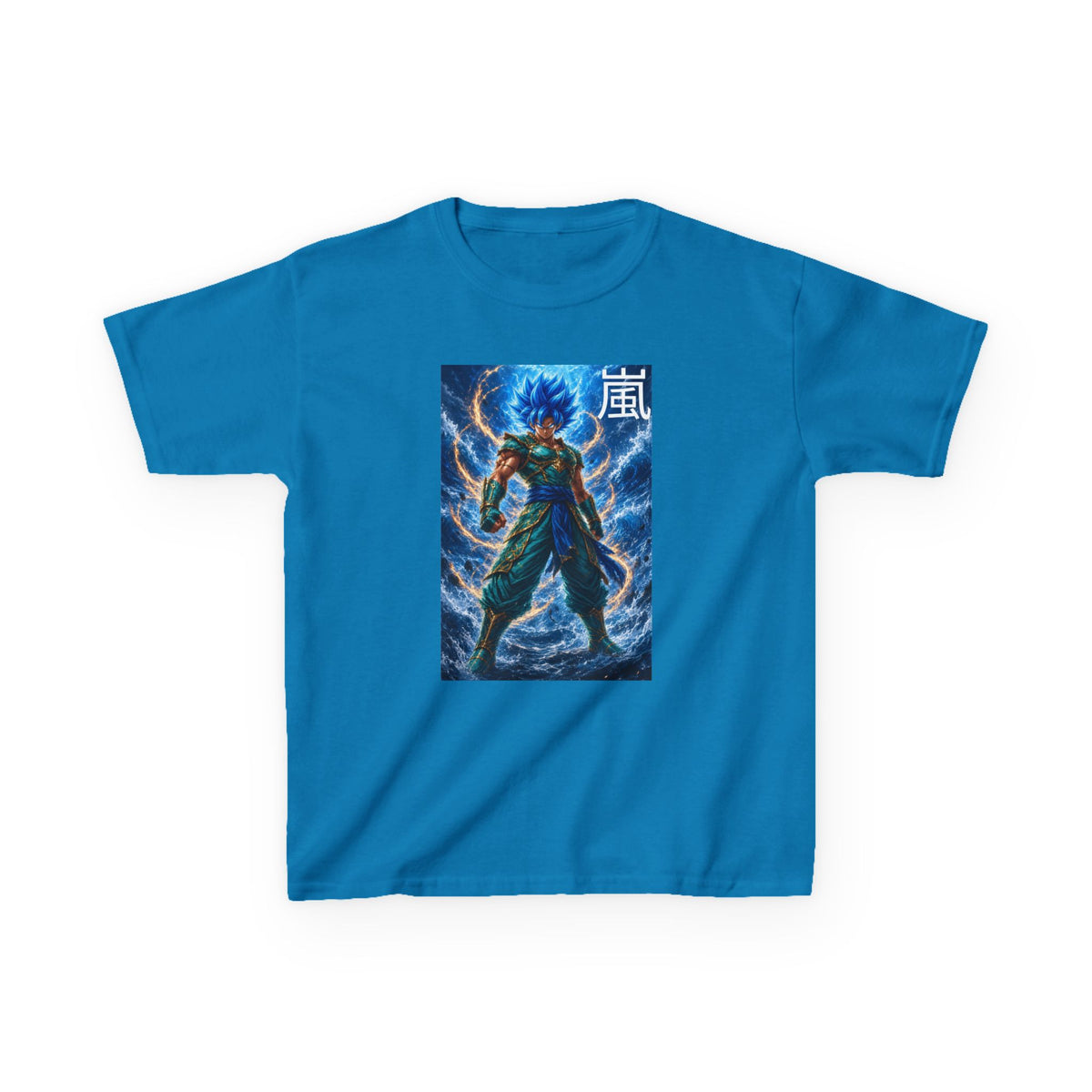 Kinetic Lightning Tee, Storm Kanji Blue Warrior Youth Shirt, Elemental Electric Fighter Graphic Kids Playwear Clothing