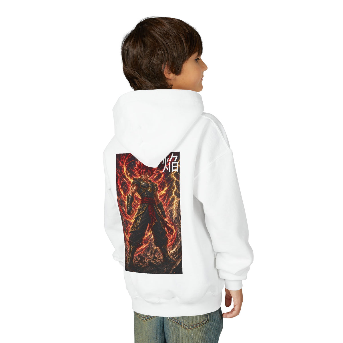 Fiery Crimson Warrior Hoodie, Flame Kanji Anime Kids Pullover, Front Minimal Chest Text Back Print Elemental Graphic Youth Sweatshirt