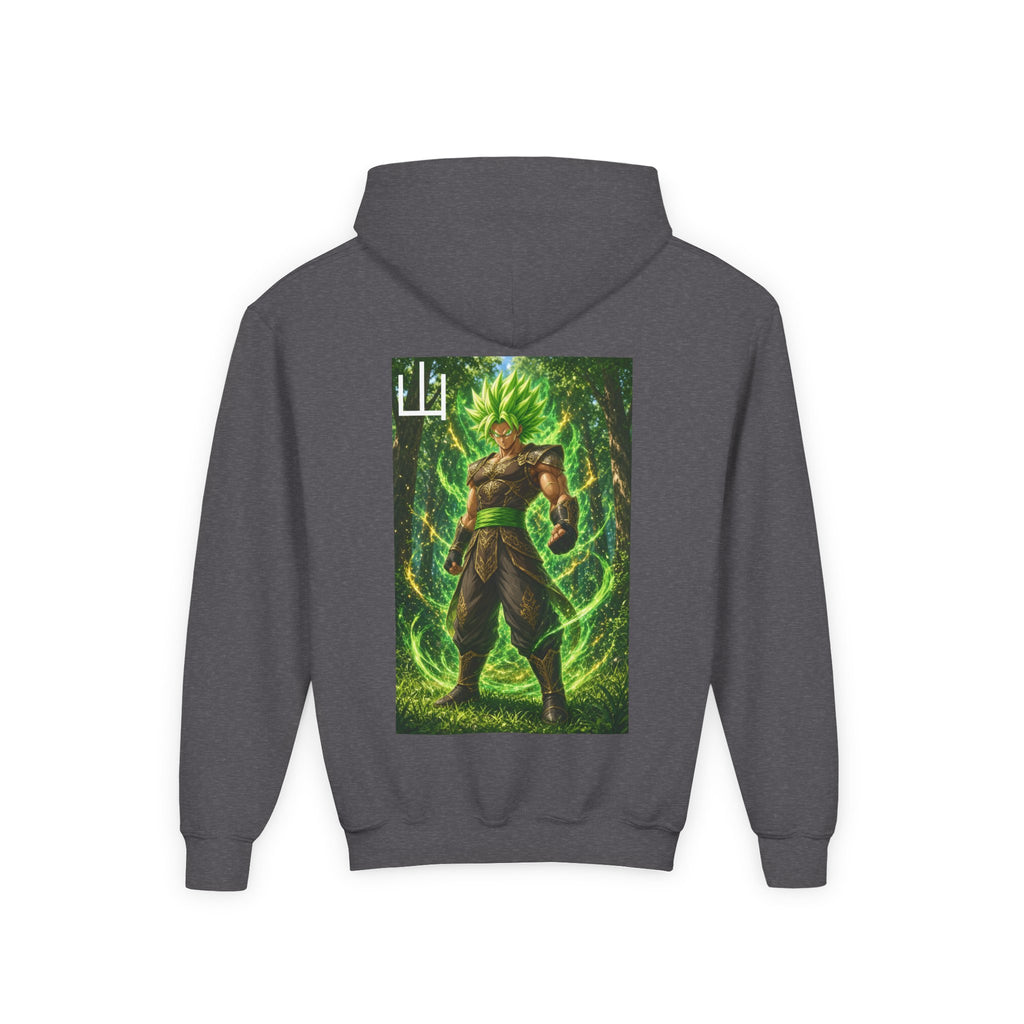 Deep Forest Warrior Hoodie, Mountain Kanji Anime Kids Pullover, Front Minimal Chest Text Back Print Elemental Graphic Youth Sweatshirt