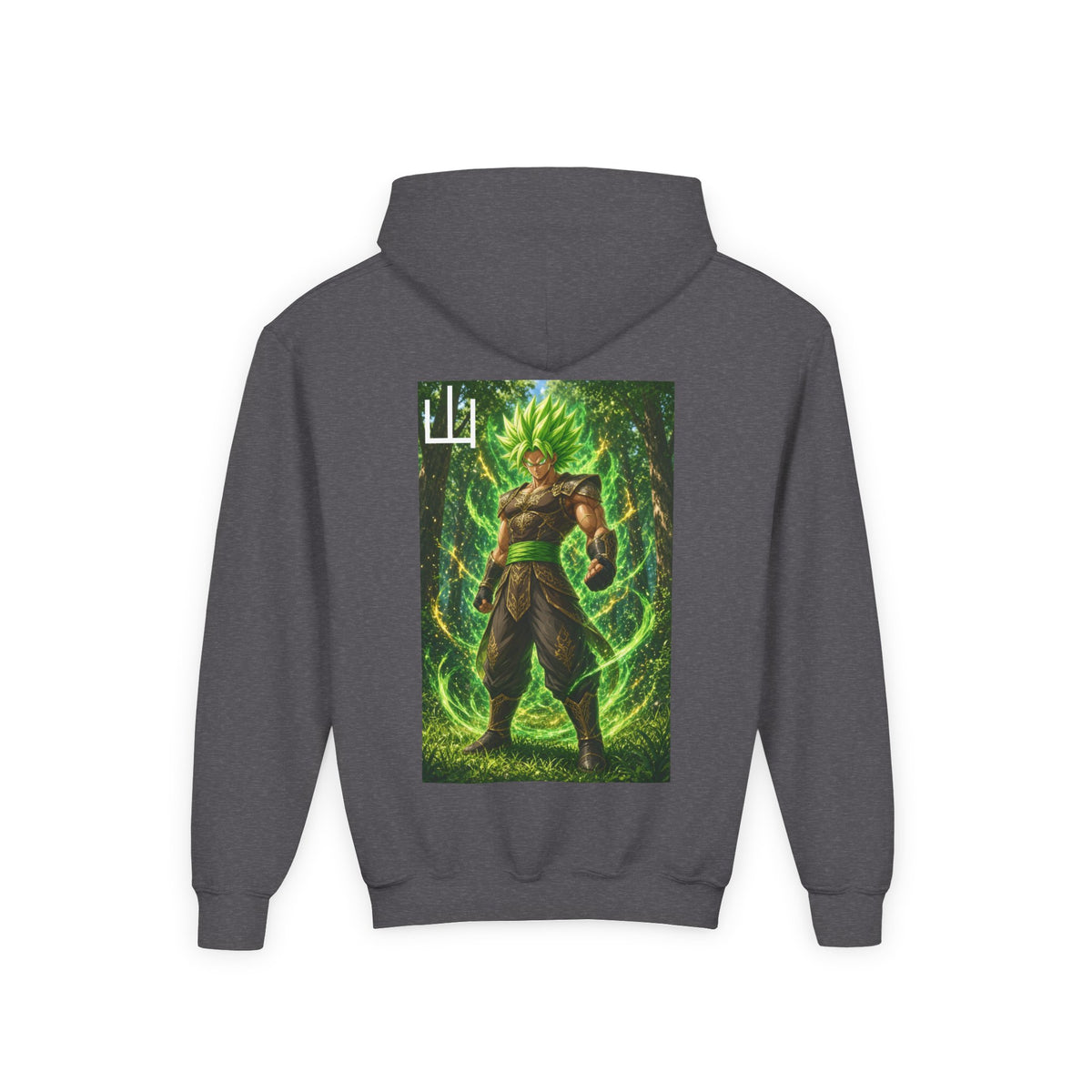 Deep Forest Warrior Hoodie, Mountain Kanji Anime Kids Pullover, Front Minimal Chest Text Back Print Elemental Graphic Youth Sweatshirt