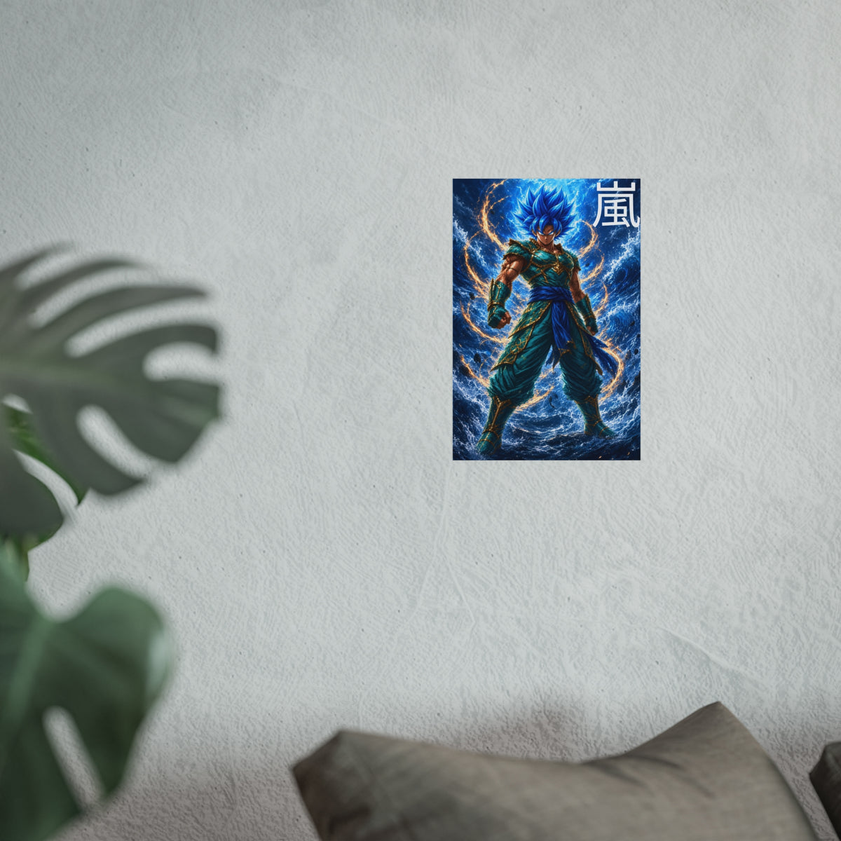 Storm Kanji Poster, Electric Blue Aura Anime Art Print, Vertical Elemental Lightning Fighter Giclee Wall Decor
