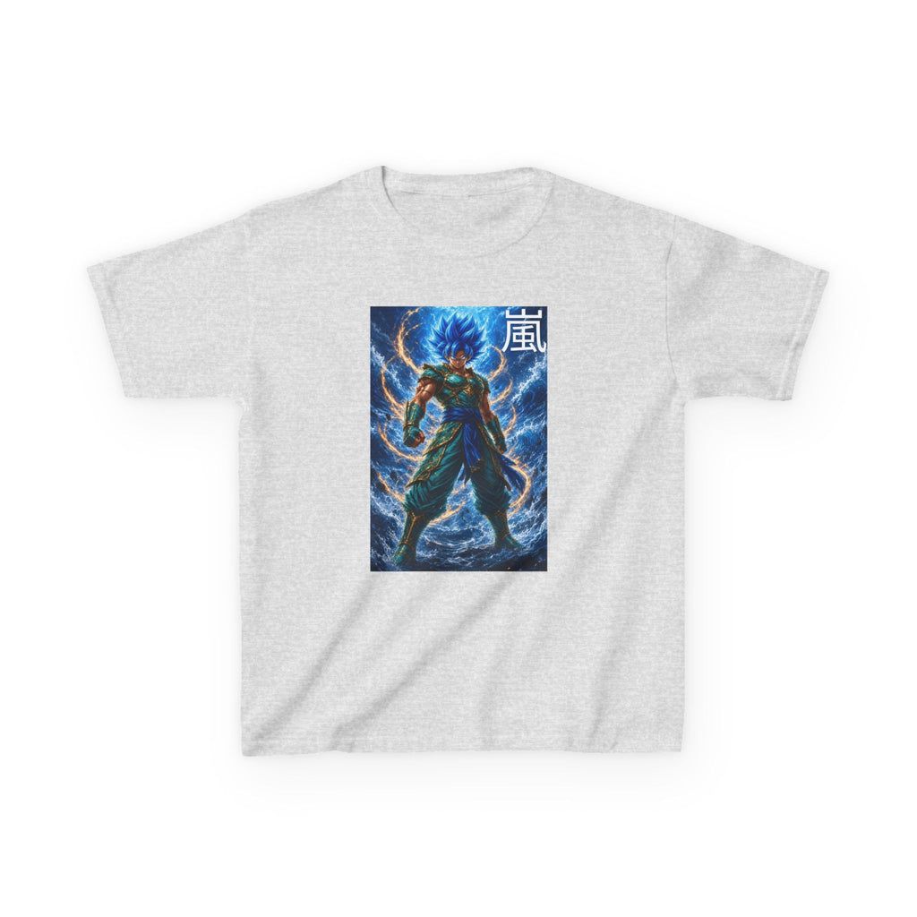 Kinetic Lightning Tee, Storm Kanji Blue Warrior Youth Shirt, Elemental Electric Fighter Graphic Kids Playwear Clothing