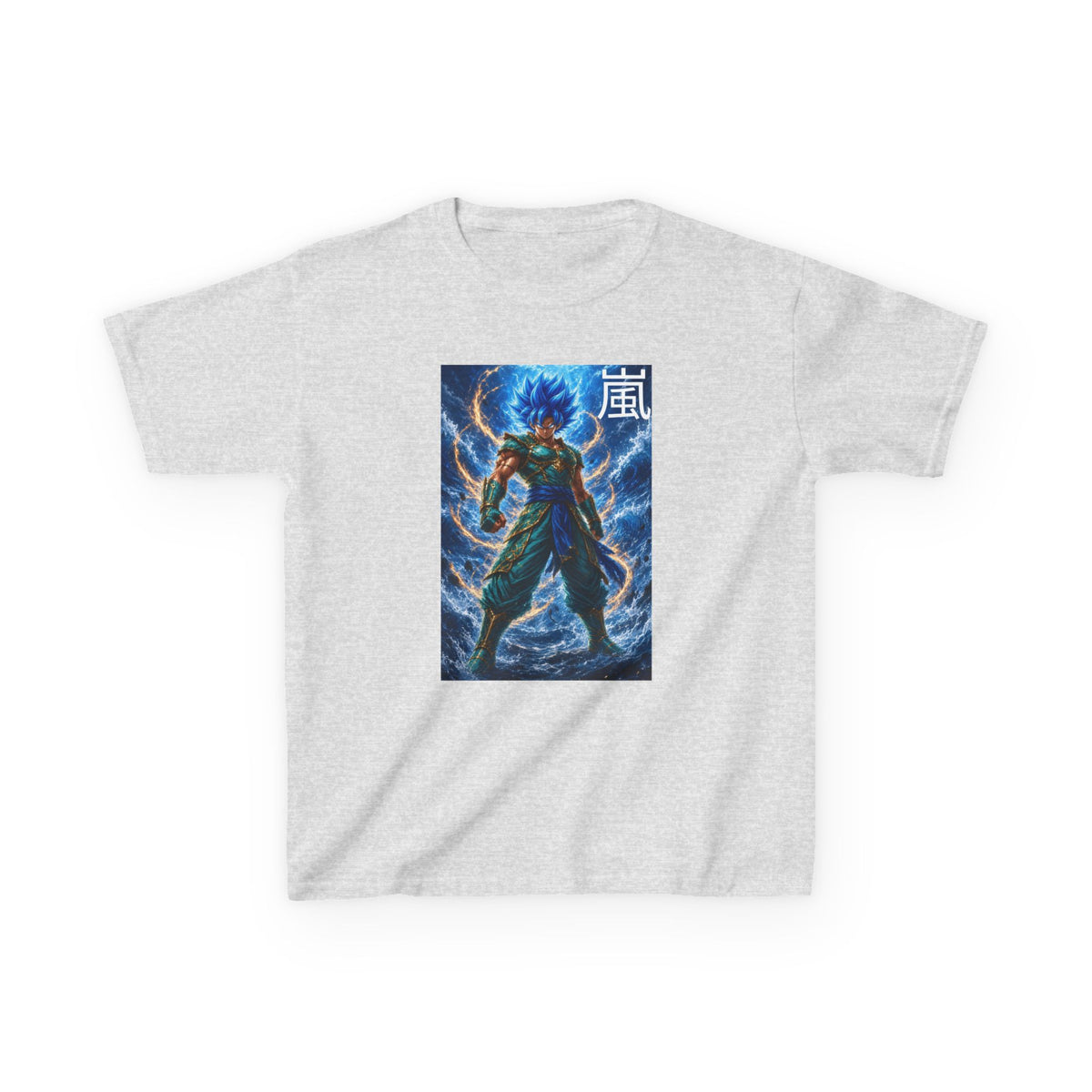 Kinetic Lightning Tee, Storm Kanji Blue Warrior Youth Shirt, Elemental Electric Fighter Graphic Kids Playwear Clothing