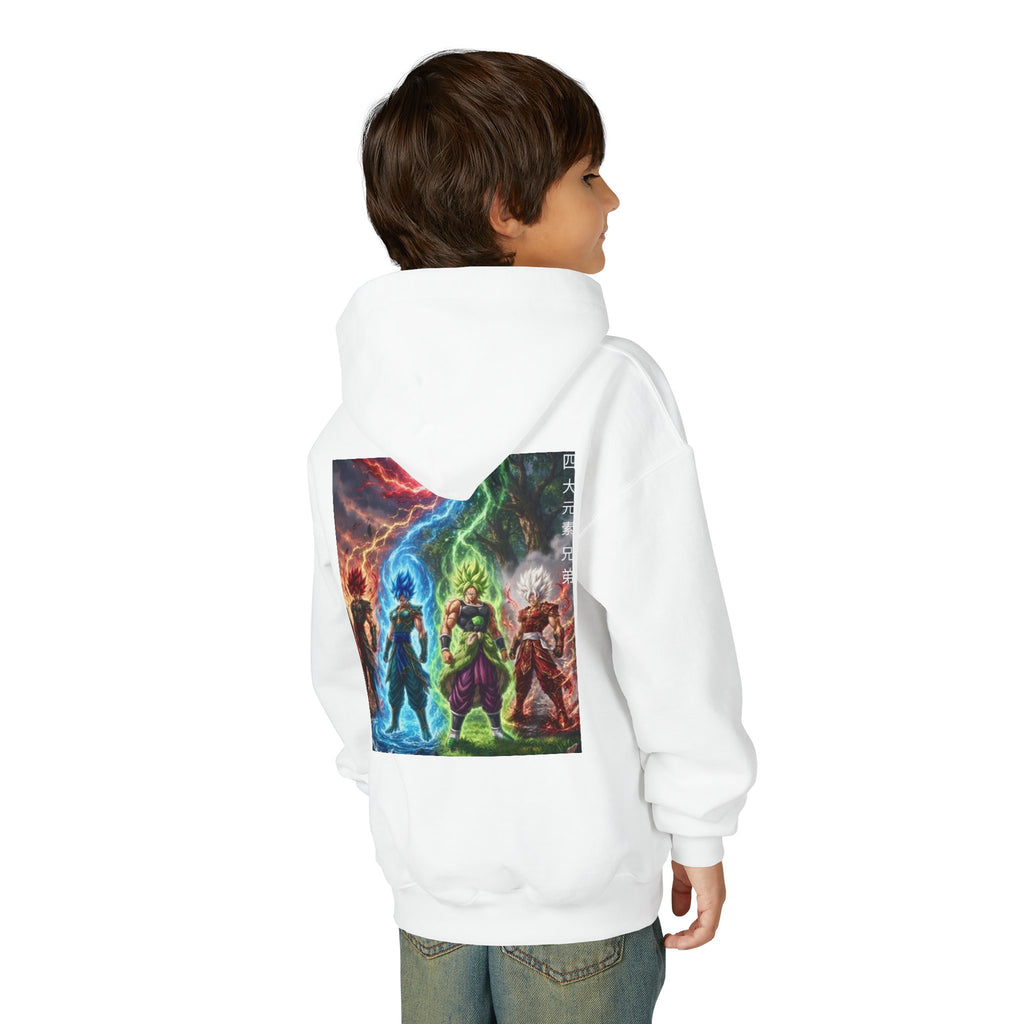 Multi Color Variant Hoodie, Four Elemental Brothers Kids Pullover, Front Kanji Back Print Anime Graphic Youth Sweatshirt