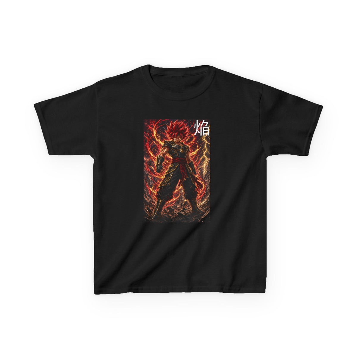 Volcanic Crimson Tee, Flame Kanji Magma Warrior Youth Shirt, Elemental Fire Fighter Graphic Kids Playwear Clothing