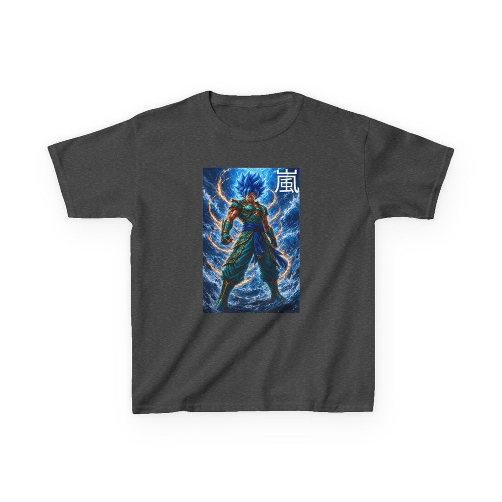 Kinetic Lightning Tee, Storm Kanji Blue Warrior Youth Shirt, Elemental Electric Fighter Graphic Kids Playwear Clothing