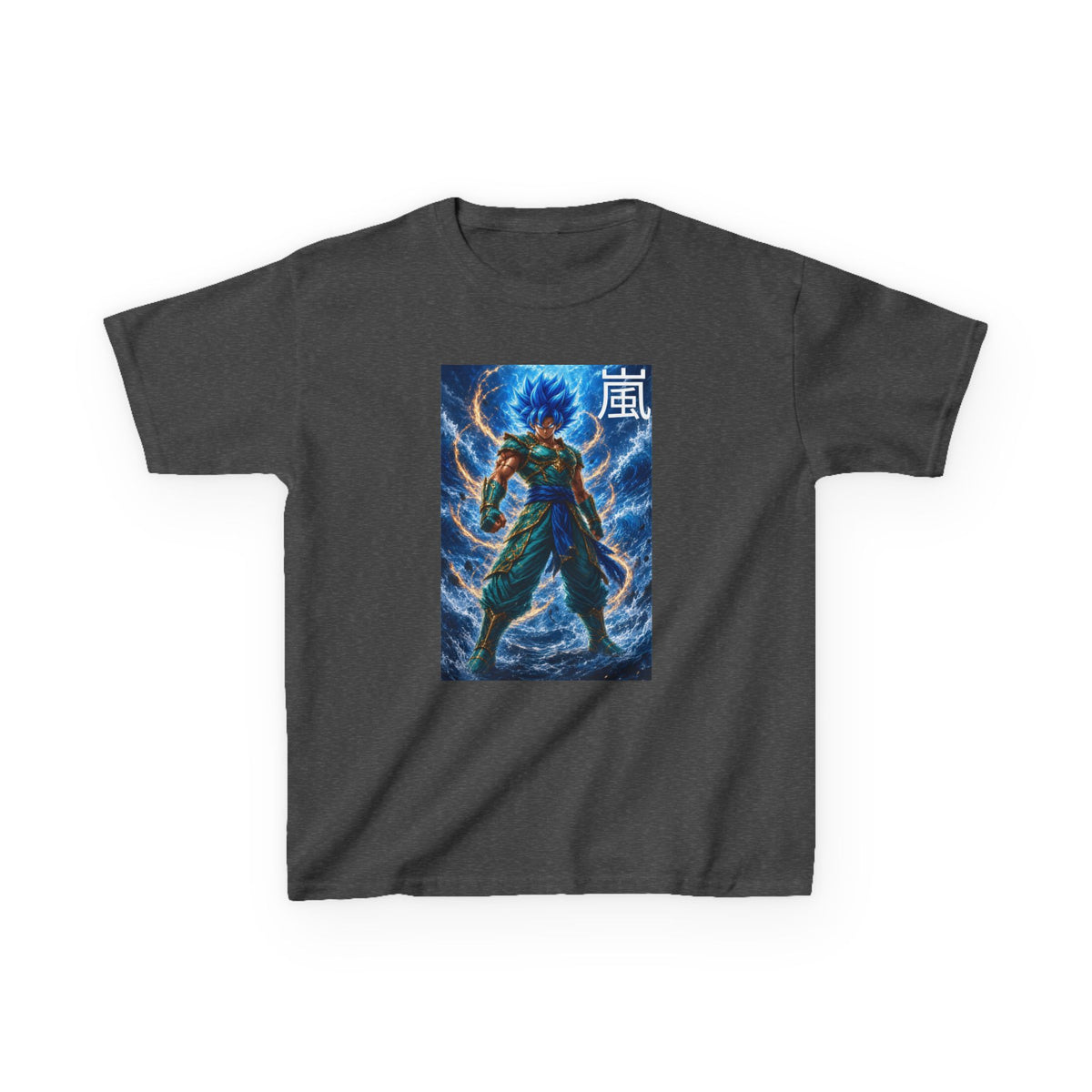 Kinetic Lightning Tee, Storm Kanji Blue Warrior Youth Shirt, Elemental Electric Fighter Graphic Kids Playwear Clothing