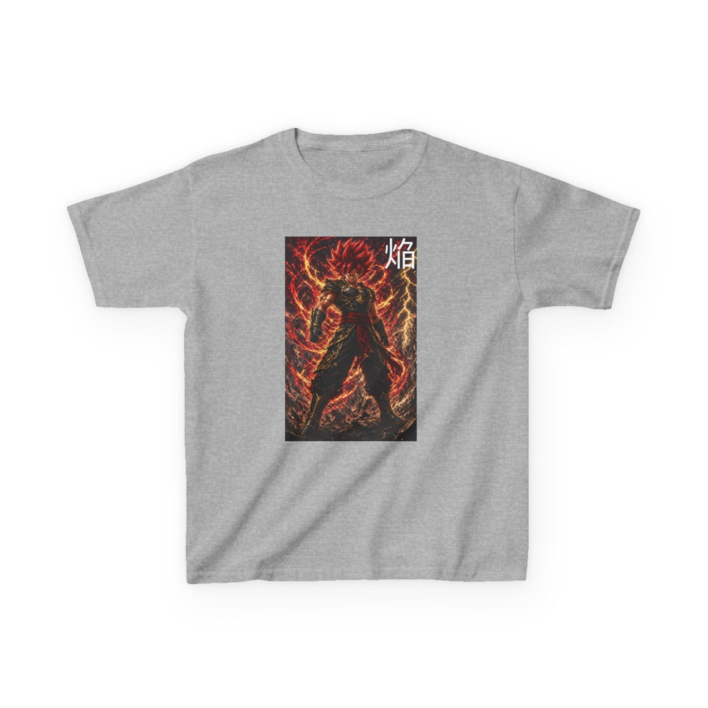 Volcanic Crimson Tee, Flame Kanji Magma Warrior Youth Shirt, Elemental Fire Fighter Graphic Kids Playwear Clothing