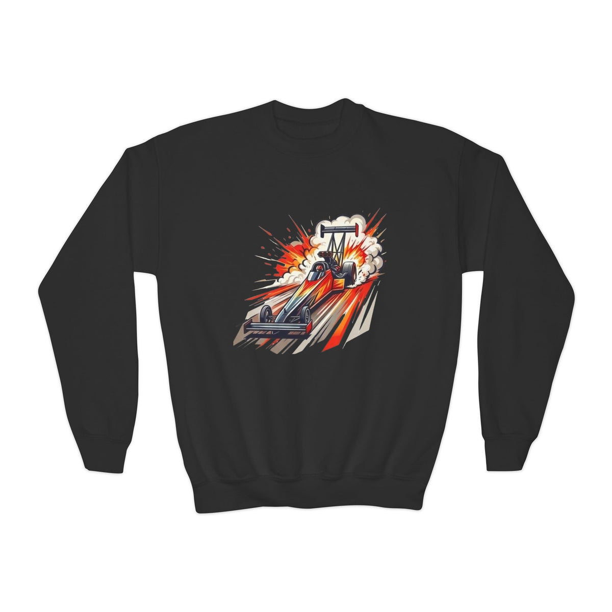 Dragster Racing Illustration Youth Crewneck Sweatshirt | Nitro Top Fuel Car