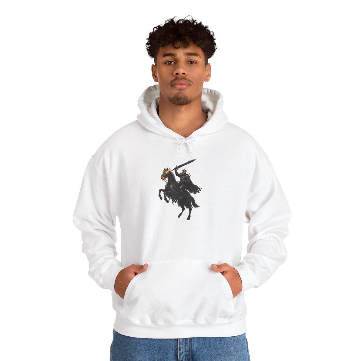 Minimalist Silhouette Front Hoodie, Full Color Back Battle Scene Sweatshirt, Double Sided Gothic Heavyweight Pullover Apparel