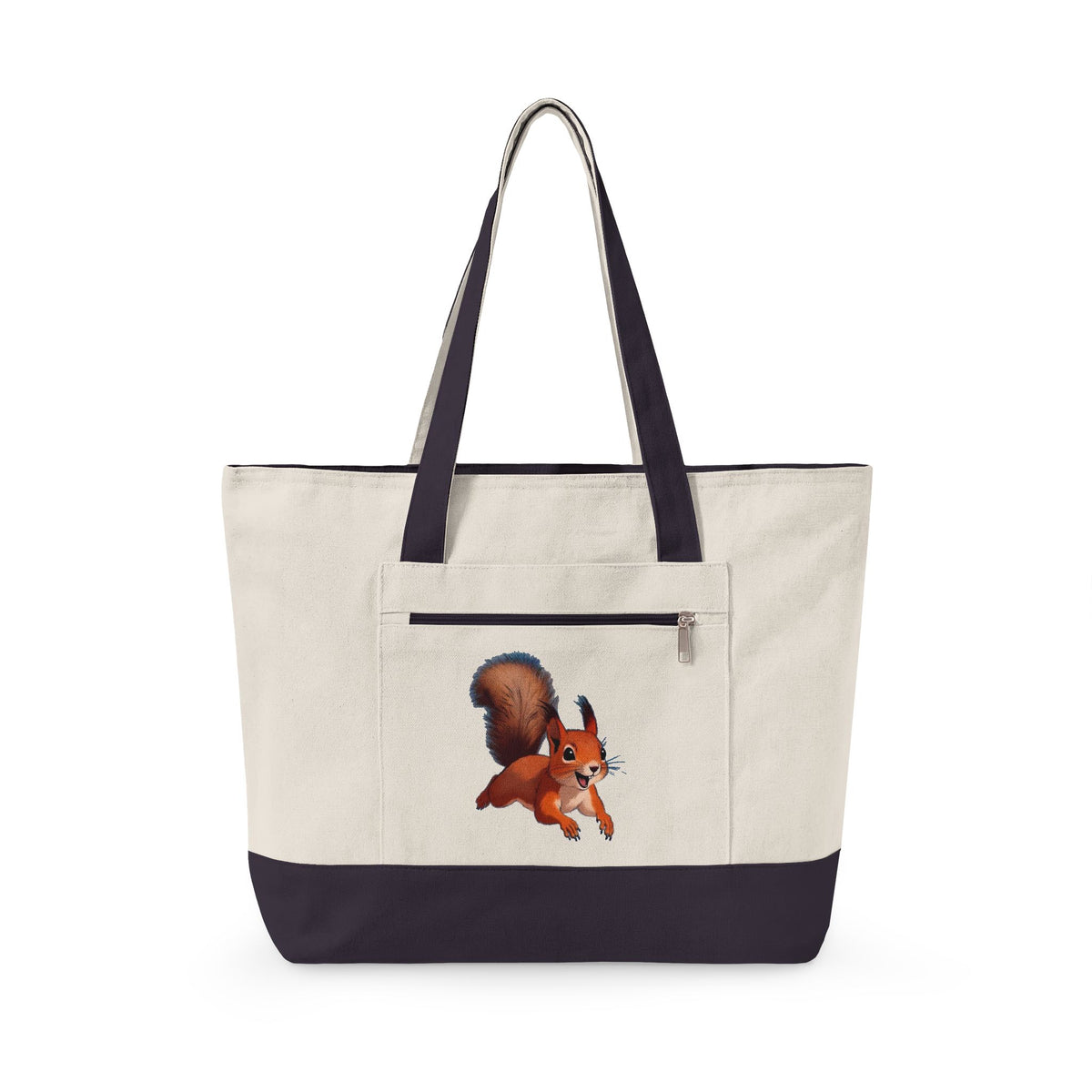 Cute Squirrel Canvas Tote Bag Zippered Heavy Duty Cotton Shoulder Pouch Everyday Animal Grocery Pack