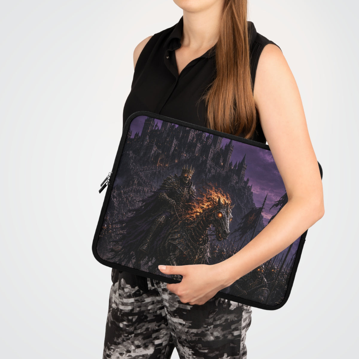 Bruised Purple Sky Laptop Sleeve, Gothic Ruined Castle Computer Case, Dark Fantasy Grim Rider Tech Armor Protector